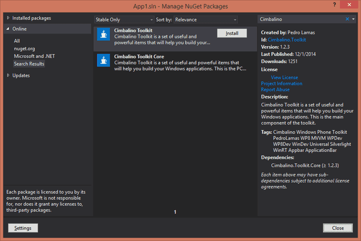 Installing Cimbalino Toolkit with NuGet Package Manager